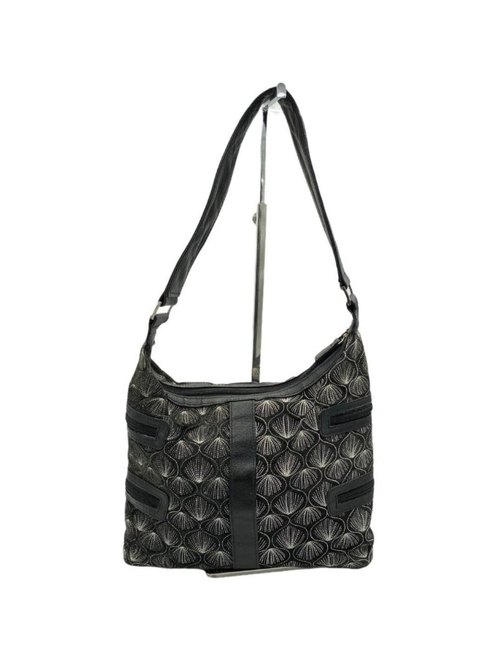 Dan W Black Leather Embroidered Shoulder Bag Floral Fan Stitch Zip Purse